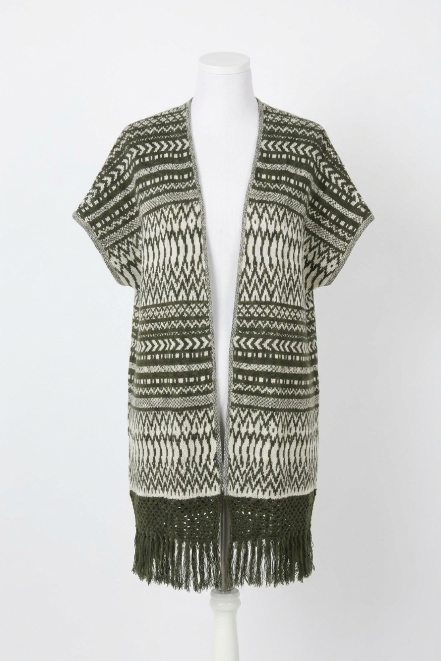 NEW SKIES ARE BLUE tribal pattern with fringe open poncho in green